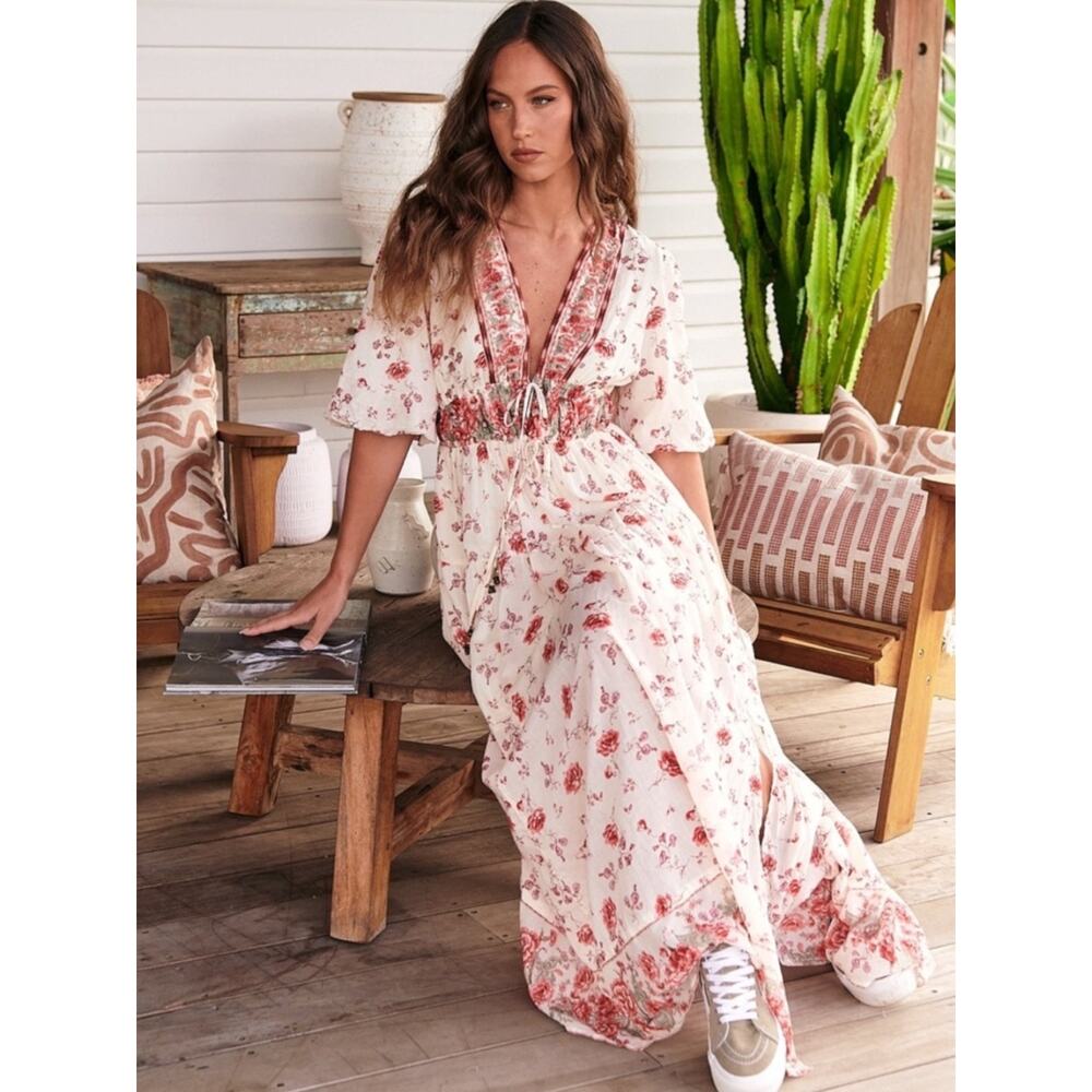 Free People Lysette Maxi Dress in Tea Combo Small Bohemian Gypsy Indian Cotton - Picture 7 of 15